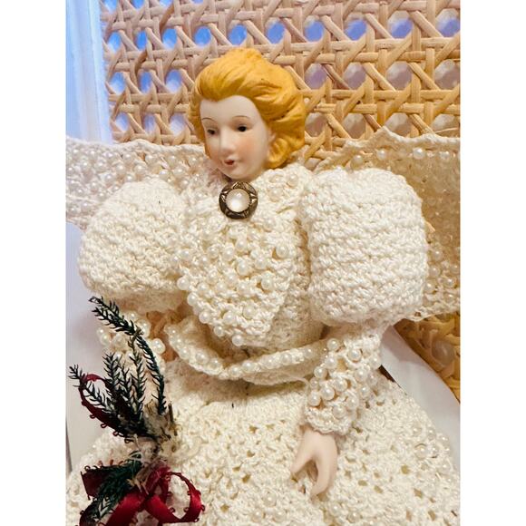 Vintage VictorianChristmas Tree Topper Hand Crochet Angel Embellished Christmas - Picture 2 of 6